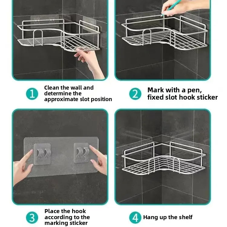 No Drilling Bathroom Triangle Rack Wall Mounted Storage Shelf Toilet Washstand Kitchen Organizer Iron Material Single Layer Hook