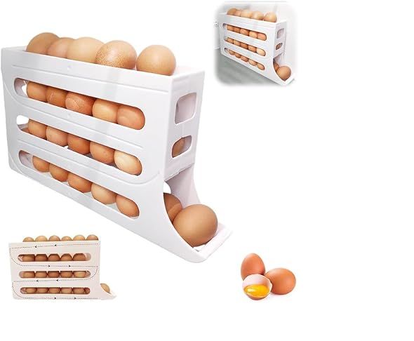 Egg storage rack with a 4-tier slanted design, holds 30 eggs. Large capacity for refrigerator cabinetskitchen accessories(White)