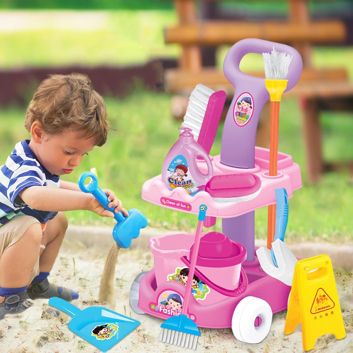 Child Sanitary Trolley, Toddler Cleaning Kit, Casdonn Toy Shopping Basket, Kids Cleaning Toy Set Realistic shape, Household Sweeping Toys for Shopping Trip, Todlers, Girls, Boys Age 3-6