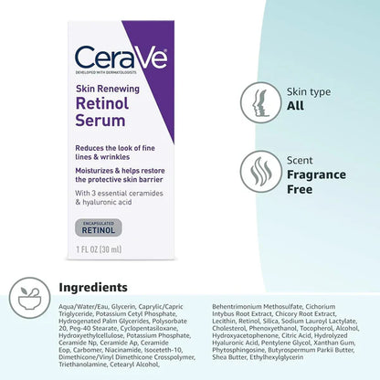 CeraVe Skin Renewing Retinol Serum is formulated with ingredients like hyaluronic acid for extra hydration, niacinamide to soothe, and three essential ceramides that work together to lock in moisture and help restore your skin’s protective barrier.